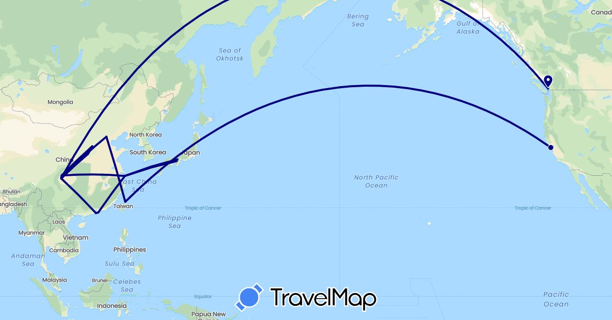 TravelMap itinerary: driving in Canada, China, Japan, Taiwan, United States (Asia, North America)